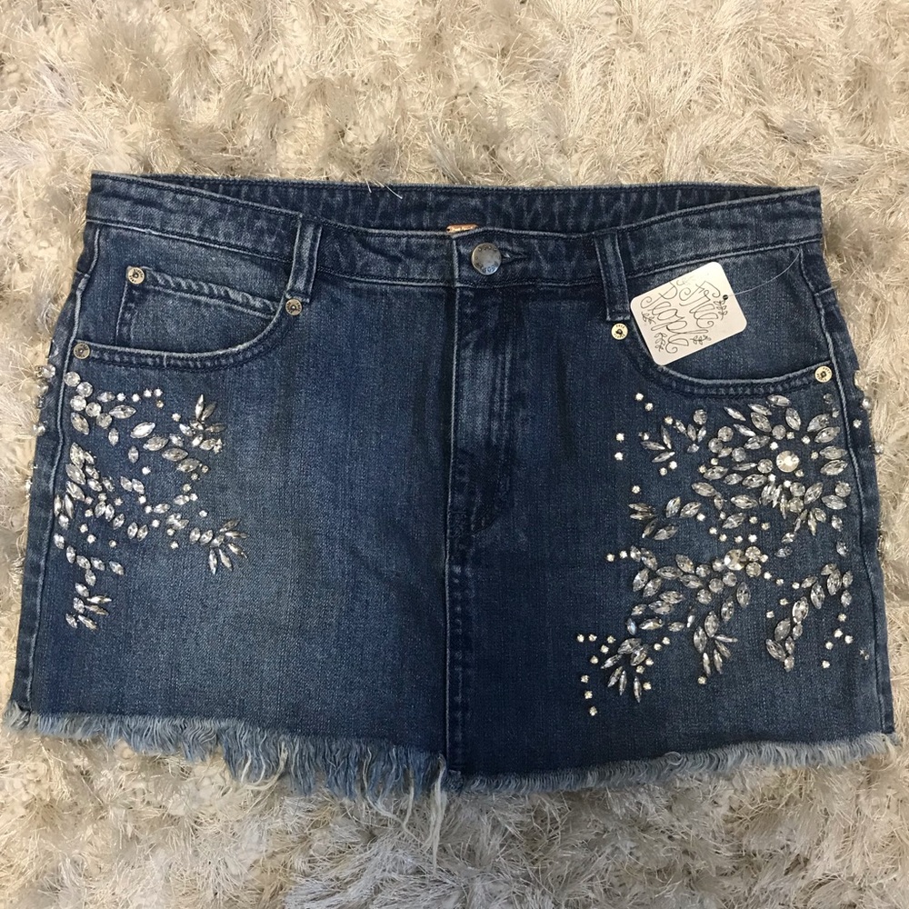 Free People Embellish Studded Jean Mini skirt